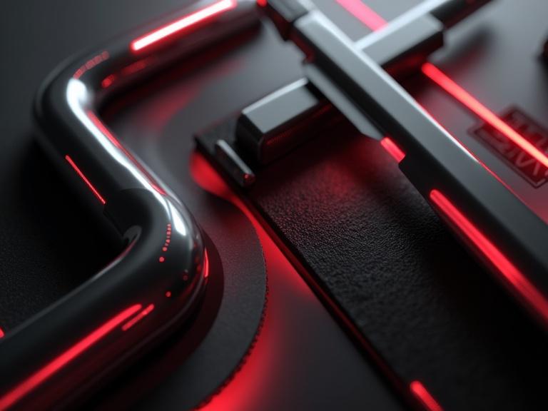 Abstract composition featuring metallic lines and glossy surfaces. Neon-red accents contrast against deep grays and blacks. Neutral minimalist background enhances a premium and futuristic style. Captured in a macro perspective focusing on high detail and interplay of light and reflections.