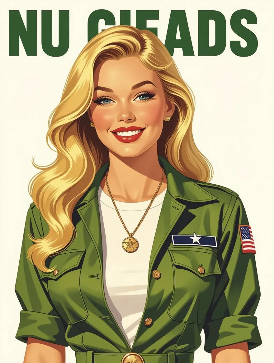A 1960s pin-up illustration features a blonde military pilot. She wears an olive green flightsuit and a white t-shirt. A round identification plate hangs from a chain on her t-shirt. The model has long straight blonde hair and a bright smile. The artwork is in the style of Adam Hughes, showcasing vibrant colors and detailed textures against a solid background.