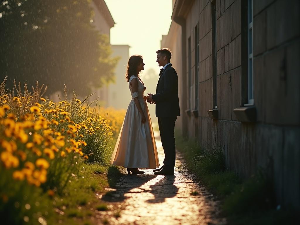 Silhouetted couple in historical attire standing on a cobbled path surrounded by wildflowers. Bright sunlight creates a warm atmosphere during golden hour. Emphasizes romance and emotional connection.