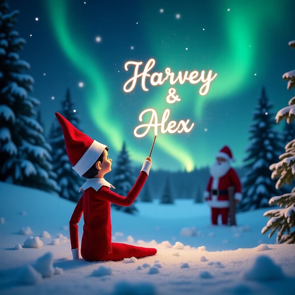 The image features an Elf on the Shelf positioned with its back to the viewer, facing a beautifully illuminated night sky. The elf is enchanting the scene with a magic wand, elegantly crafting the names 'Harvey' and 'Alex' into the air. The backdrop is a stunning winter landscape adorned with shimmering snow and evergreen trees, all under the mesmerizing glow of the northern lights. In the distance, Santa Claus can be seen, adding a touch of festive charm to the Christmas setting. This magical moment captures the essence of holiday joy and wonder, representing a cherished holiday tradition.