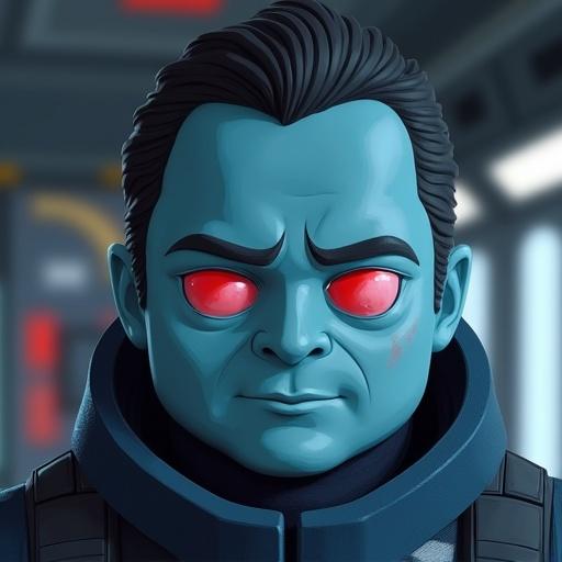 A male Chiss pilot with blue skin and red eyes. The character resembles a cartoon character. His expression is serious. The setting is futuristic.