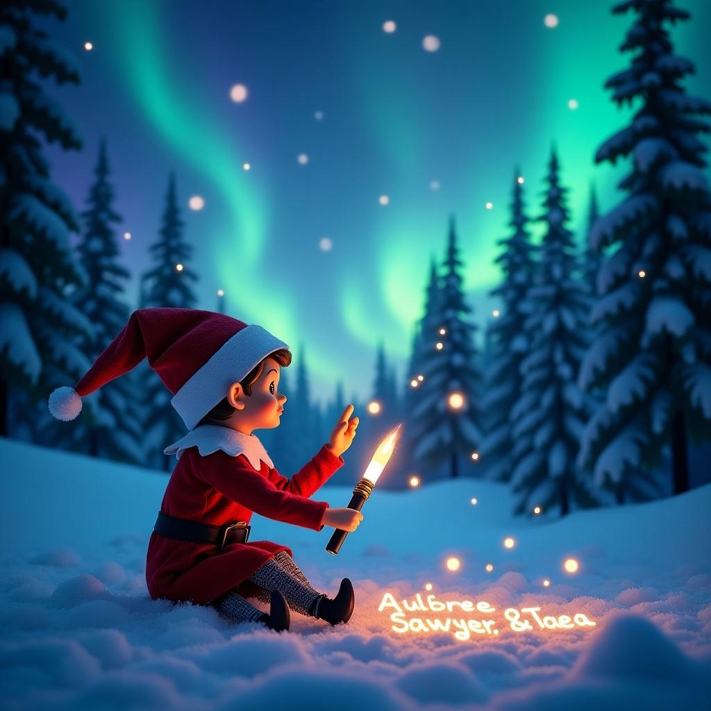 This enchanting scene features a traditional Elf on the Shelf in a snowy forest that resembles the North Pole. The elf is writing with a glowstick wand, crafting the names 'Aubree, Sawyer & Taea' as sparkling points in the night sky. The background showcases the mesmerizing northern lights, displaying brilliant cerulean and purple hues dancing across the horizon. Snow-covered trees surround the elf, creating a whimsical and festive atmosphere. It captures the magic of the holiday season, inviting imagination and wonder.