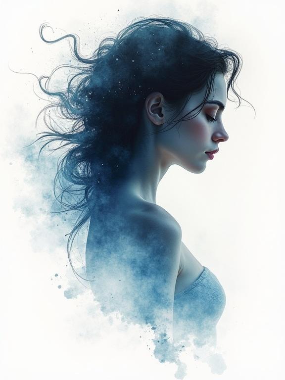 A mesmerizing artwork featuring a woman in side profile surrounded by watercolor effects and dynamic white space. Elements of watercolor techniques are blended elegantly with expressive strokes and a delicate color palette. The image conveys chaotic beauty and cinematic wonder with a soft background.