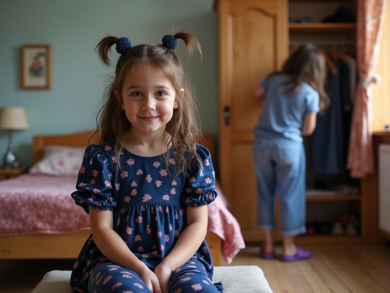 Photo of girl in cozy children's room. Girl has dark hair in pigtails and wears dark blue dress with pink patterns. She sits in a chair while mother searches in wardrobe behind her.
