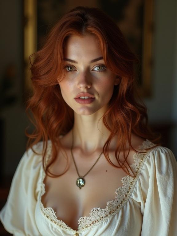 A woman with black hair wearing a peasant-style milk dress. The dress has a low neckline and accentuates her figure. The setting has soft natural light and warm colors. This image captures vintage fashion details with a stylish twist.