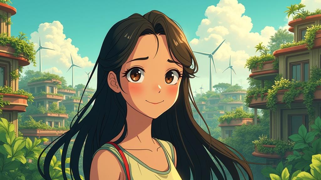 A solarpunk-themed illustration features a young woman with long hair. She gazes into the camera with warmth and determination. A lush city filled with plants and wind turbines is in the background. Soft sunlight highlights her gentle features. The art style is reminiscent of Studio Ghibli with vibrant colors and painterly textures.