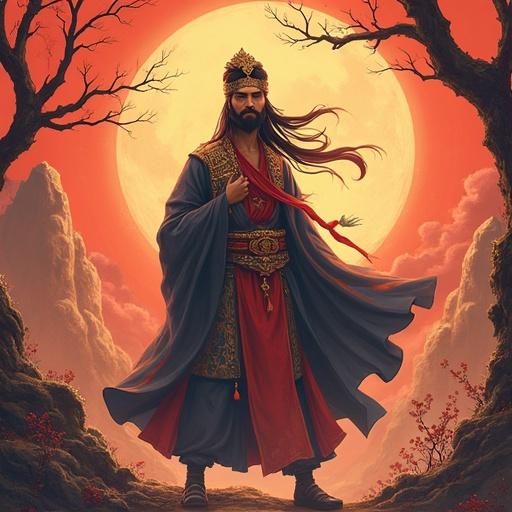 A majestic figure in royal attire stands confidently against a glowing moon in a dramatic landscape. The attire is intricate and colorful. The background features dark trees and a vibrant sky, creating an atmospheric effect.