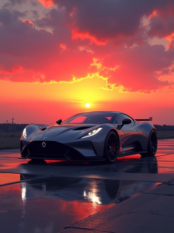 A sleek futuristic sports car parked under a dramatic sunset. Sharp metallic reflections are visible. Cinematic lighting creates strong rim highlights. The surface textures appear realistic. The style is inspired by graphic novel covers with thick comic lines and rotoscope influences. The cartoon style is adult-oriented with glowing headlights and painterly depth, showcasing matte textures.