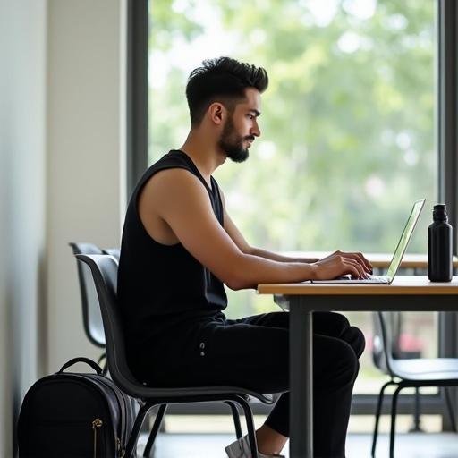 Full-body side view of a young Malay man in his twenties. Neat stubble beard. Wearing a black tank top and jogger pants. Sitting at a table in a sunlit study room. Using a MacBook for studying. Black water bottle placed on the table. Black backpack on the floor.