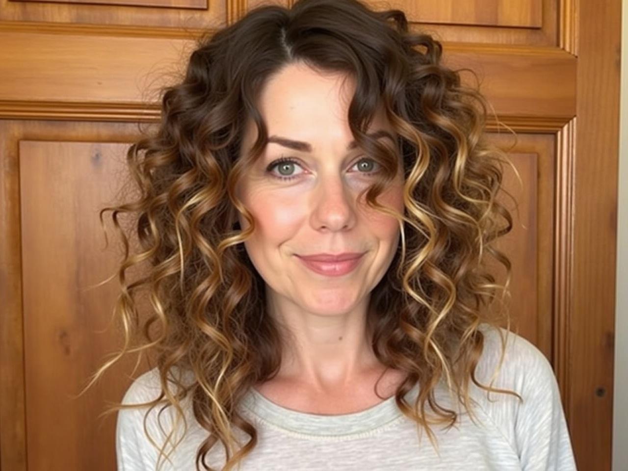 The image features a person with voluminous curly hair styled in soft waves. The hair has a warm brown tone with lighter highlights, adding depth and texture to the curls. The individual is wearing a light-colored, casual top, suggesting a relaxed atmosphere. The background consists of wooden panels, providing a warm and elegant vibe. The image conveys a sense of natural beauty, showcasing the individual's hair and style without revealing their facial features.