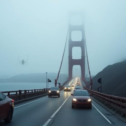 Golden Gate Bridge in foggy weather shows cars stuck in traffic. Road extends into distance. An insectoid monster silhouette is faintly visible in the fog. The atmosphere is eerie and tense. Daytime lighting is cloudy. Hyperrealistic style.