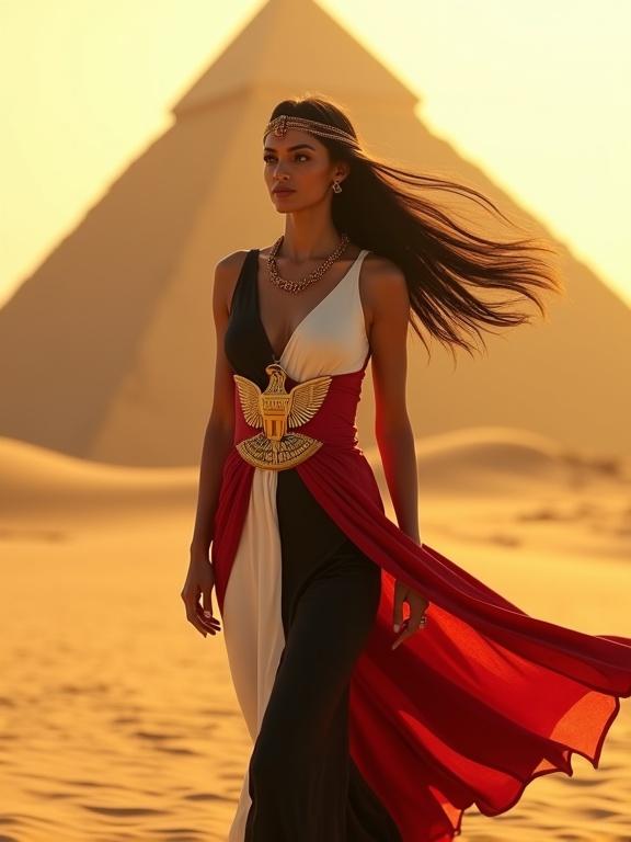 A proud Egyptian woman walks in a golden desert at sunset with the Great Pyramid in the background. She has medium-brown skin and long flowing black hair. Strong Egyptian features and dark eyes lined with kohl. Dress inspired by national colors; deep red at the top, white in the middle with a golden eagle design at the waist, and deep black at the bottom. Fabric flows in the wind. She wears gold jewelry and a soft headband. Dramatic shadows on the sand. Ultra-detailed textures and realistic lighting in 4K vertical frame.