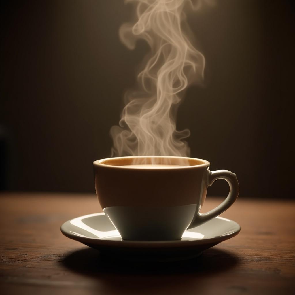 A close-up view of a steaming cup of coffee on a wooden table. The cup is white with a saucer underneath. Steam rises elegantly from the coffee surface, illuminated by warm light.