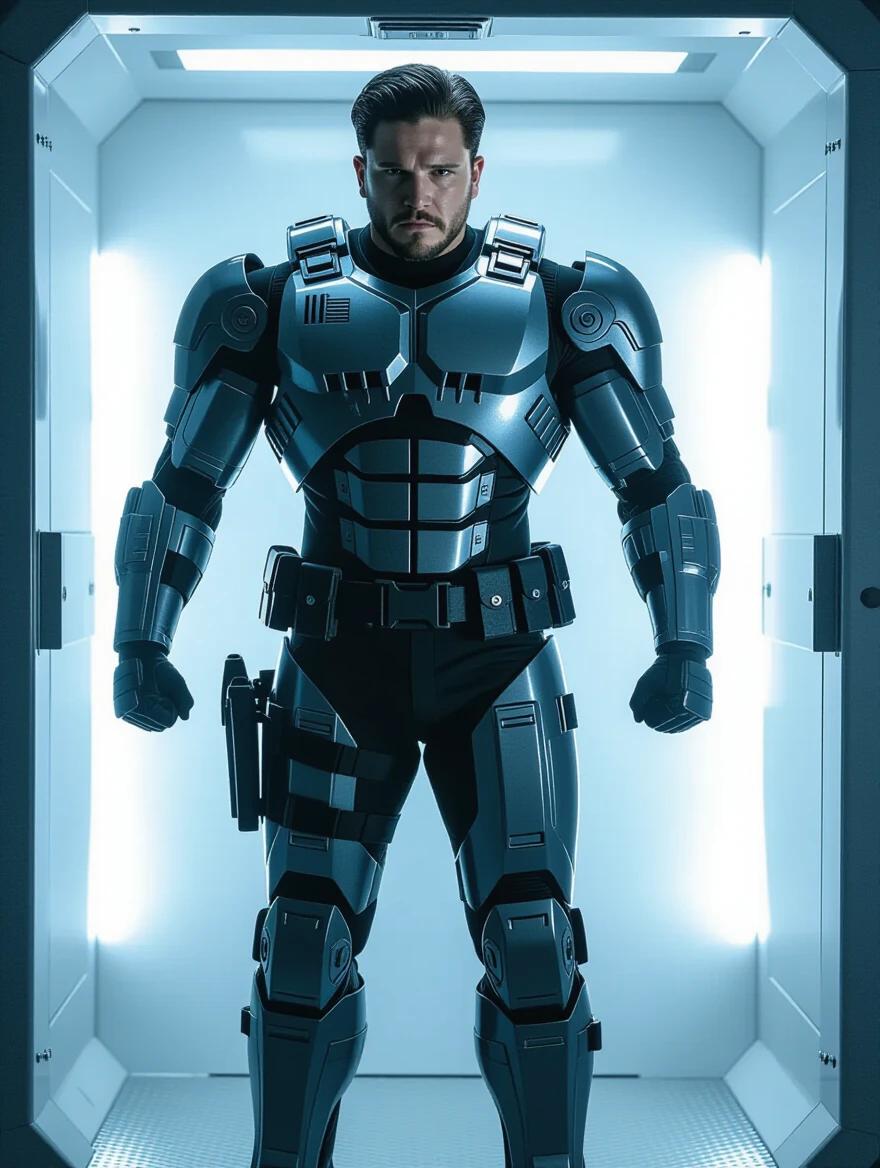 A police officer portrayed by Kit Harrington is in a conversion chamber. The officer has a massive muscular physique and is being transformed into a RoboCop. The setting is live action and photographic.