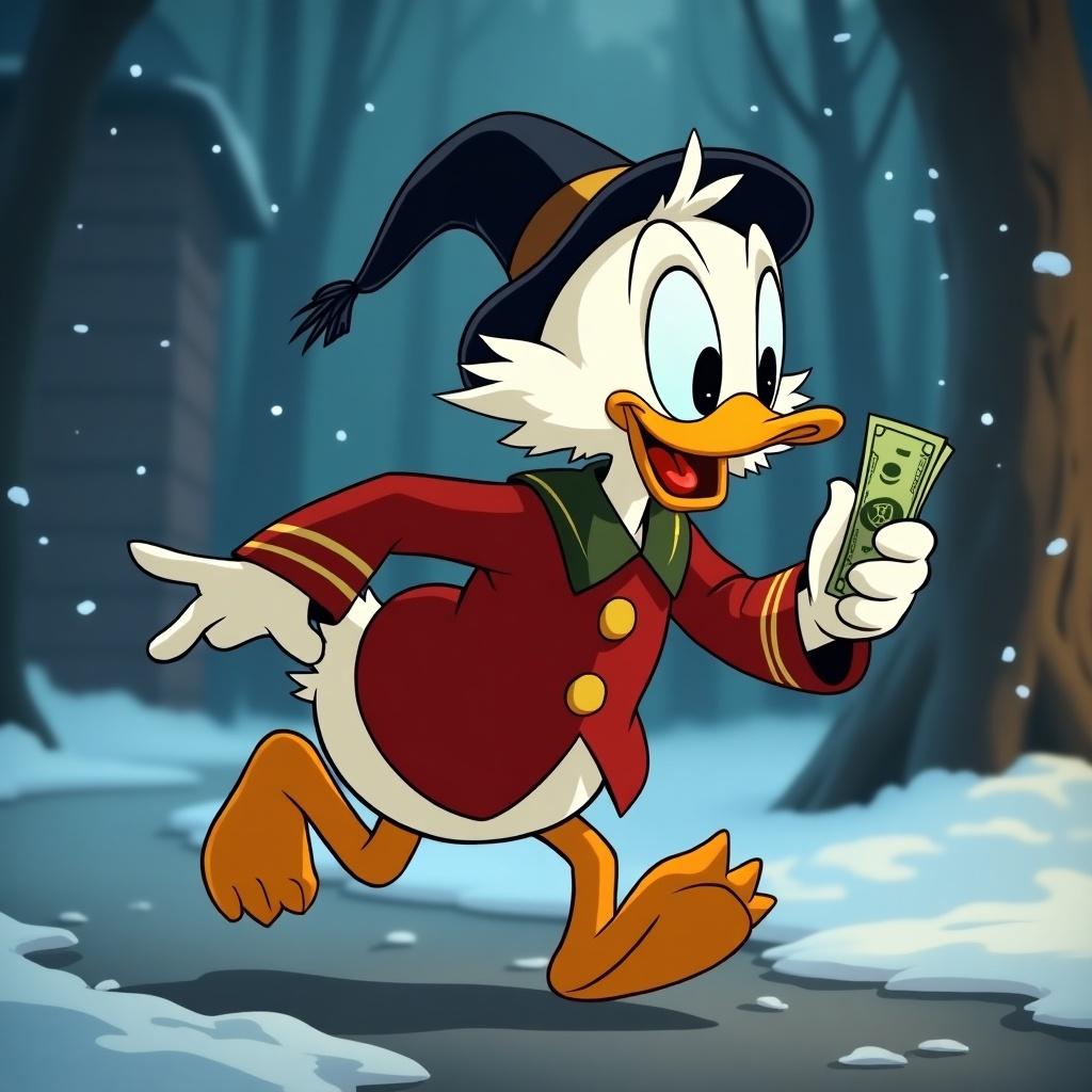 Animated character runs joyfully in snowy setting. Donald Duck wears Ebenezer Scrooge costume. Character holds cash. Background features snowy trees.