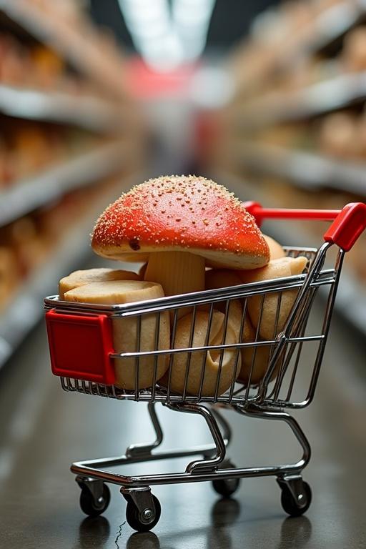 Mushroom placed in a shopping trolley inside a grocery store. Shopping cart filled with loaves of bread and a large red mushroom on top. Aisles filled with various food items in the background.