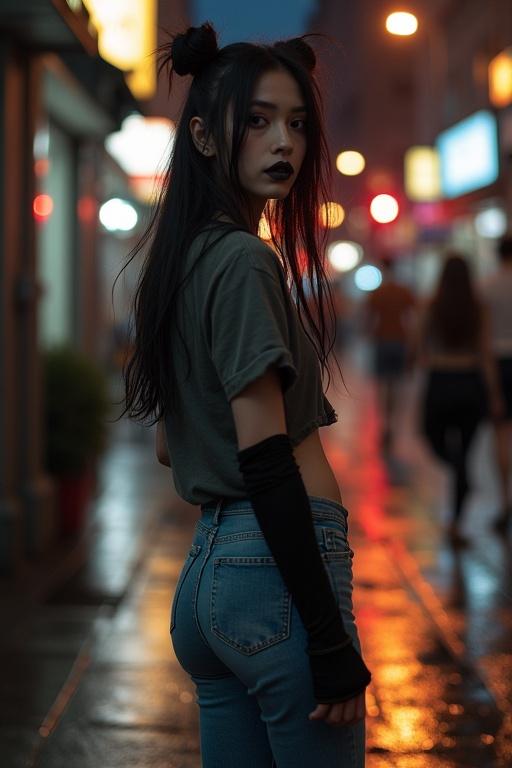 Hyperrealistic photo of a young woman with dark hair and goth makeup in a city at night with street lights. She wears a grey shirt and blue jeans, with red heels reflecting on the wet sidewalk. People in the background add to the urban scene.