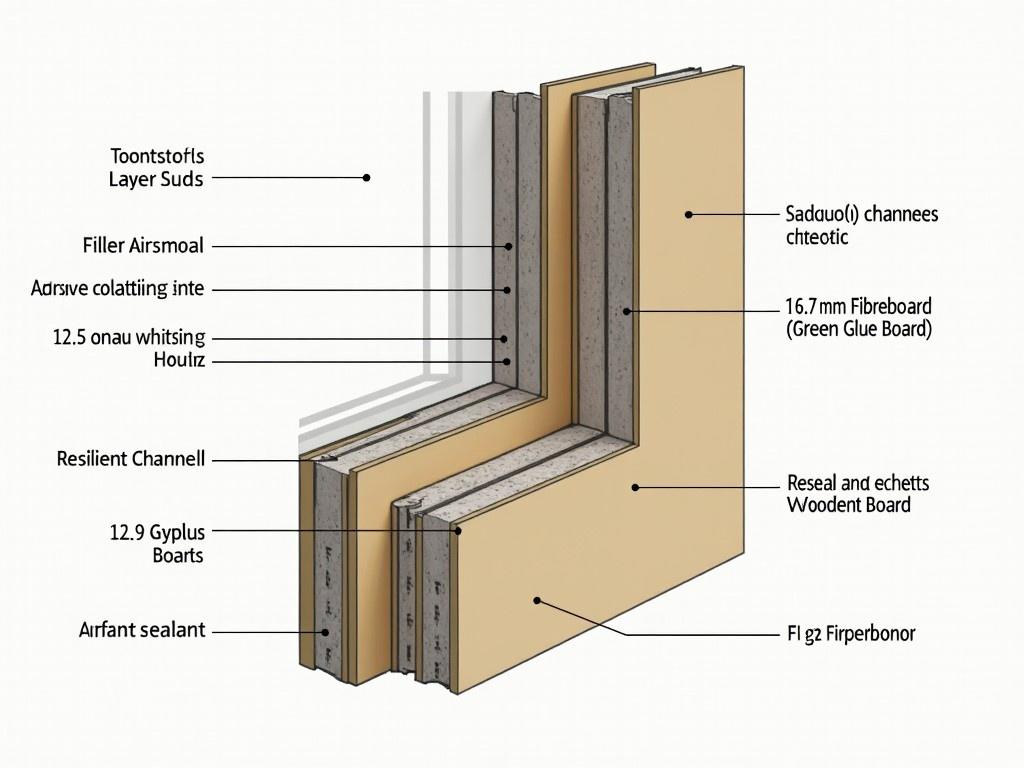 This detailed drawing illustrates a 2D cross-section of a staggered stud wall aimed at sound isolation. The inner layers showcase staggered studs, which create an air gap and are filled with Rockwool insulation for enhanced sound absorption. A secondary layer includes 12.7 mm Fibreboard and 15.9 mm Gypsum Board, utilizing Green Glue for additional damping properties. The outer layer features resilient channels attached to the studs, providing further acoustic benefits. Additionally, another layer of 12.7 mm fibreboard and 18 mm gypsum board caps the structure. The drawing emphasizes joint sealants and wooden plates for airtightness, ensuring maximum soundproofing effectiveness. It depicts all edges and joints meticulously sealed for optimal performance.