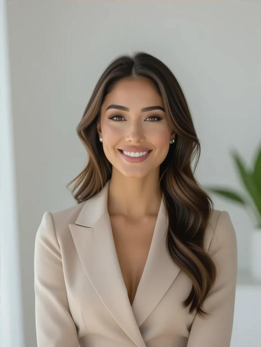 Professional photograph of an elegant woman presenting in a modern home office. Clean background with soft lighting. Confident and approachable expression. High-quality video call aesthetic.