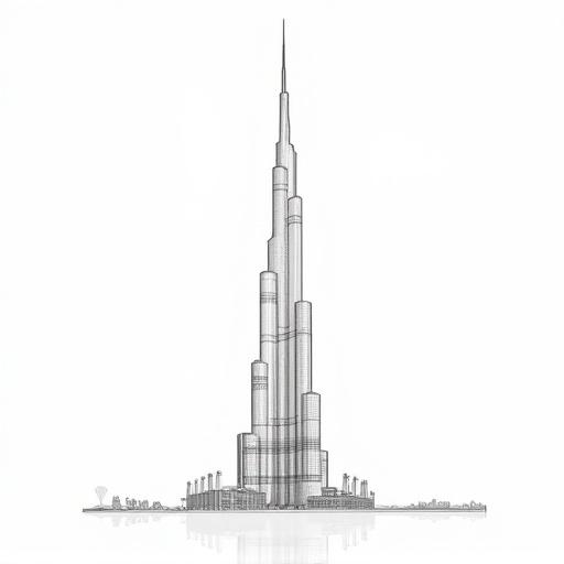 Line drawing of Burj Khalifa against a white background. Highlight tall structure and distinct architectural features.
