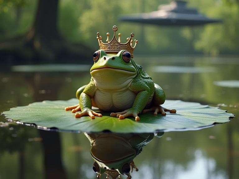 Photorealistic image of a frog wearing a crown on a large lily pad in a forest pond. The frog has textured skin and an ornate crown. The reflection in calm water shows the Imperial Star Destroyer from Star Wars. The background features a peaceful forest scene under soft natural light.