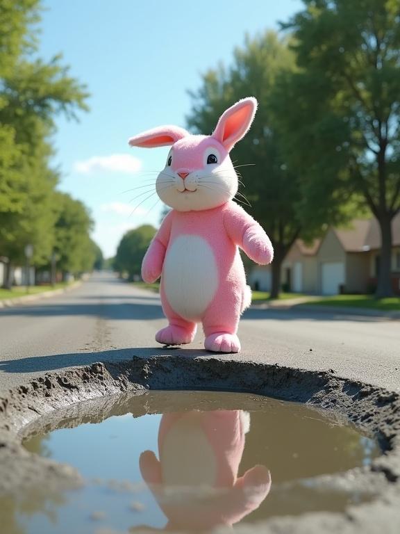 A highly detailed and realistic scene with a pink and white rabbit on a suburban street. The rabbit is near a large pothole filled with wet concrete. The setting is a sunny day with green trees, and the rabbit looks at its reflection in the puddle. The rabbit appears curious. The scene blends everyday urban elements with an unexpected character.