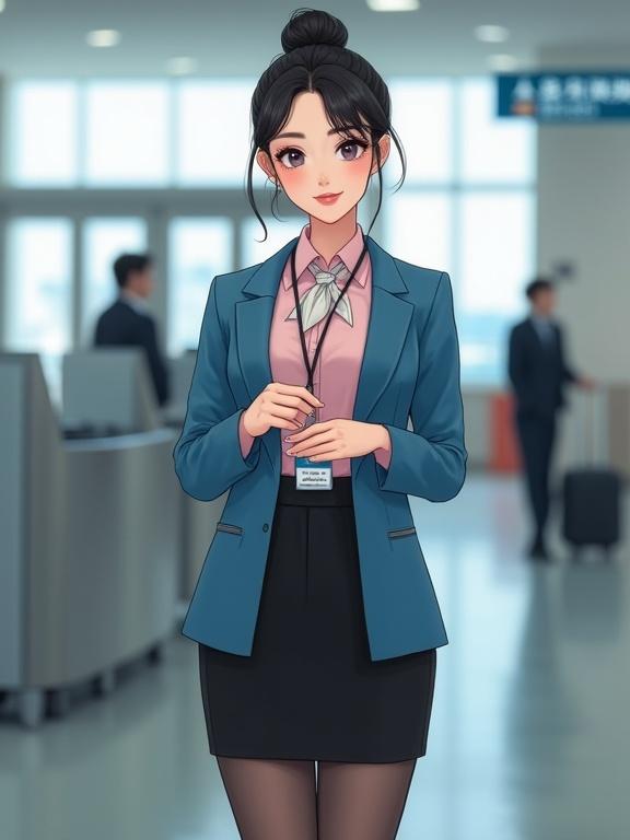 Full-body image of mid-20s East Asian female airport ground staff. She wears sheer black pantyhose and black closed-toe pumps. Uniform includes pastel-pink shirt and black knee-length skirt with azure-blue blazer. Delicate white silk scarf around collar. Lanyard with ID badge. Black hair in a bun. Standing next to check-in kiosk in airport terminal.