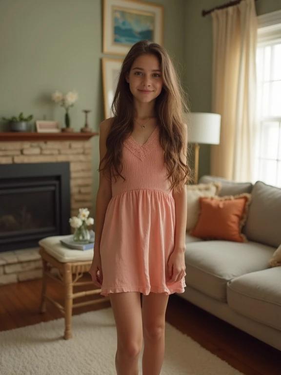 Photo of a teen girl wearing a pink dress in a living room. The room features a cozy aesthetic with a sofa and a fireplace. The girl is standing straight with a charming pose and a soft smile. Natural light comes through the windows, illuminating the scene.