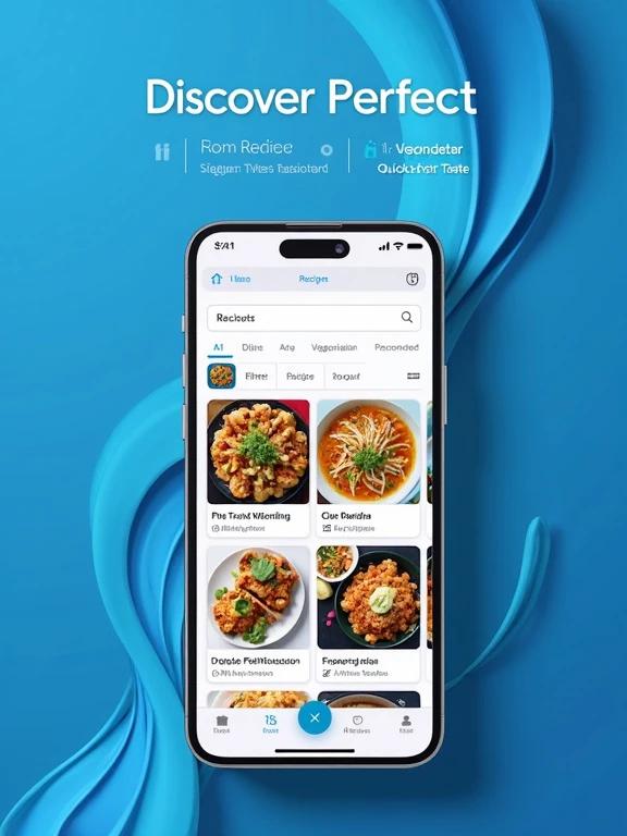 Create a recipe browsing screenshot styled like YAZIO. Include a blue gradient background with flowing shapes. Display a smartphone featuring a recipe discovery interface with a grid of recipe cards displaying food photography. Ensure recipe details like cook time difficulty and servings are clearly visible. Include a search bar and filter options such as Vegetarian or Quick. Add badges for personalization or AI recommendations. At the top include text saying 'Discover Perfect' in large white font. The middle should feature 'Recipes' in bold white text. The bottom should include 'For Your Taste' in white. Show 6-8 cards with diverse food options in a clean and modern layout. Maintain a 9:16 aspect ratio and resolution of at least 1080px.