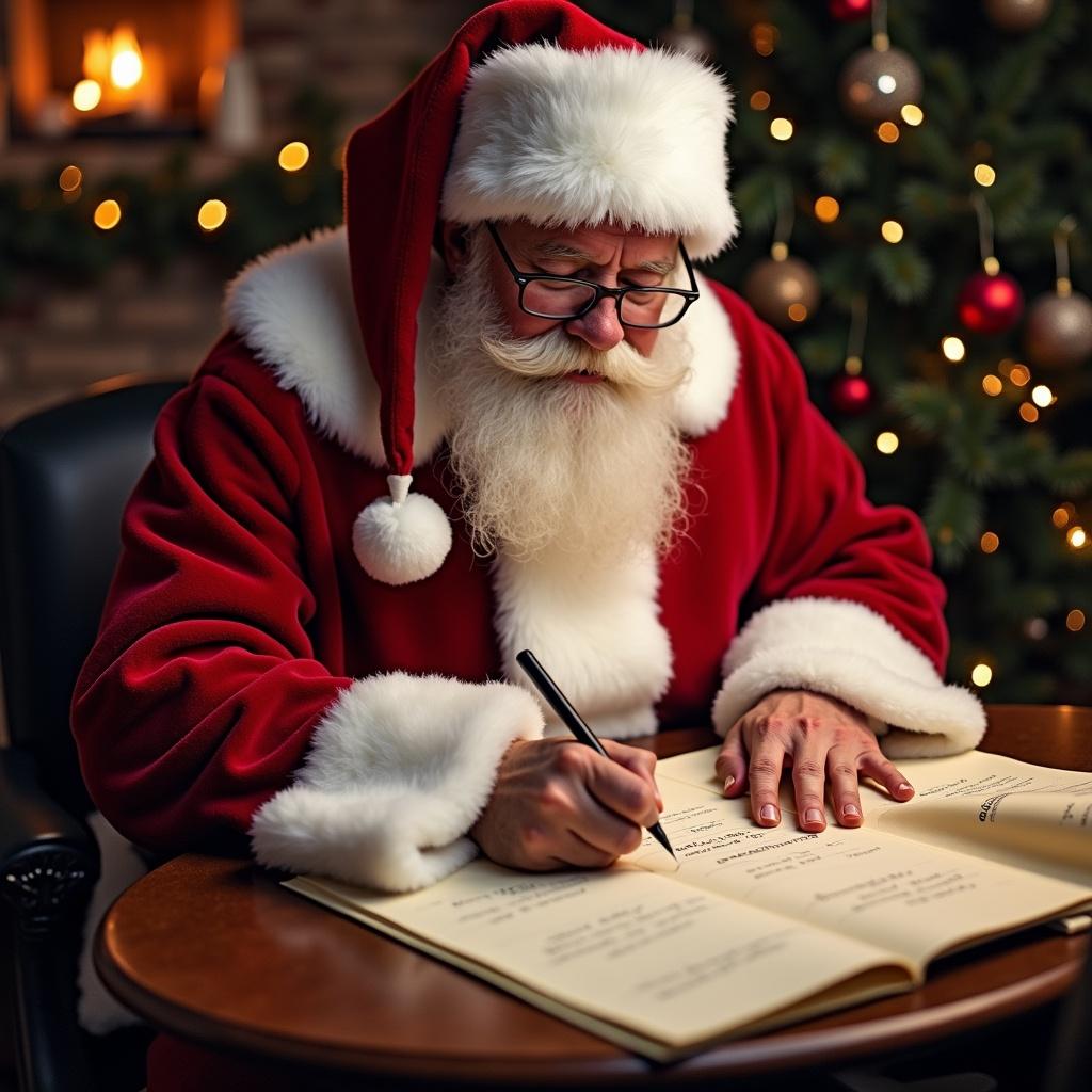 Santa Claus writing names on a list. Cozy setting with holiday decorations. Focus on the act of writing with a festive atmosphere.