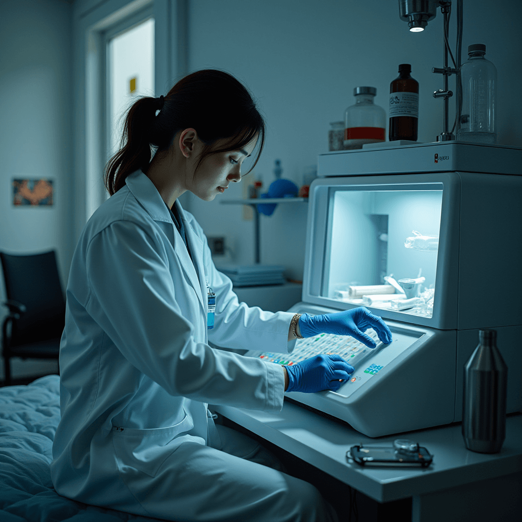 A scientist in a white lab coat, wearing blue gloves, operates a sophisticated scientific machine in a dimly lit laboratory.