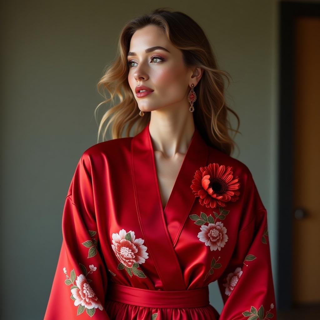 Woman wears red robe with floral designs. She stands gracefully. A large red flower is pinned to her outfit.