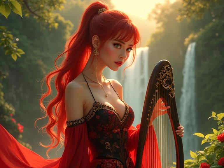 Image of a female with a stylish figure wearing a luxurious red and black glowing dress. She has red hair in a ponytail and bangs and green eyes. The attire features elegant details. Atmosphere is heavenly with green land and a beautiful waterfall during sunset. She holds a big luxurious harp with a cute flirty look. Hair is a bit shorter and figure is thicker.