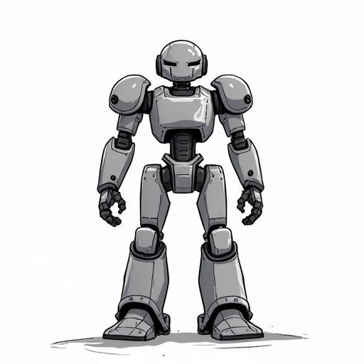 Robot design in a cartoon style with a full body view. The robot stands upright, features mechanical joints and a friendly expression. Simple line drawing with minimal details.