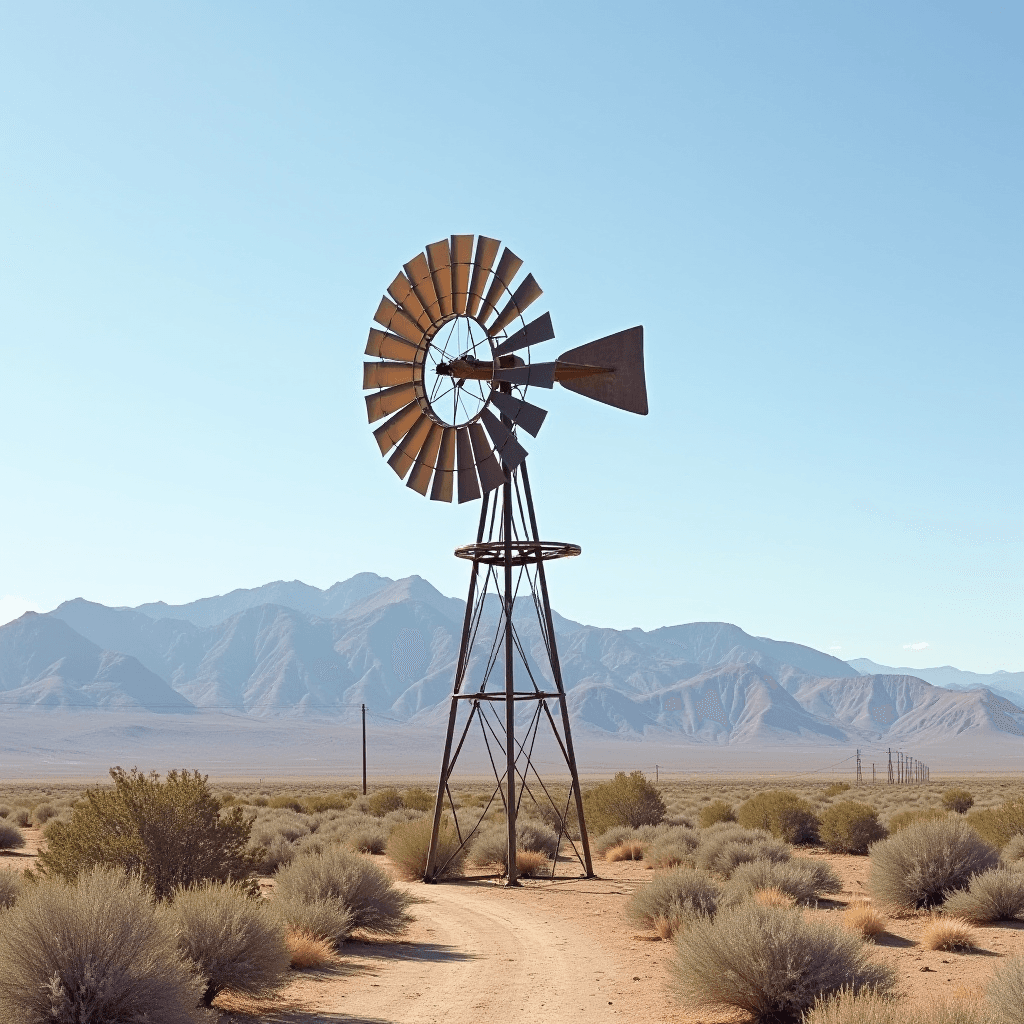 A lone windmill stands tall in a vast desert landscape with distant mountains under a clear blue sky.