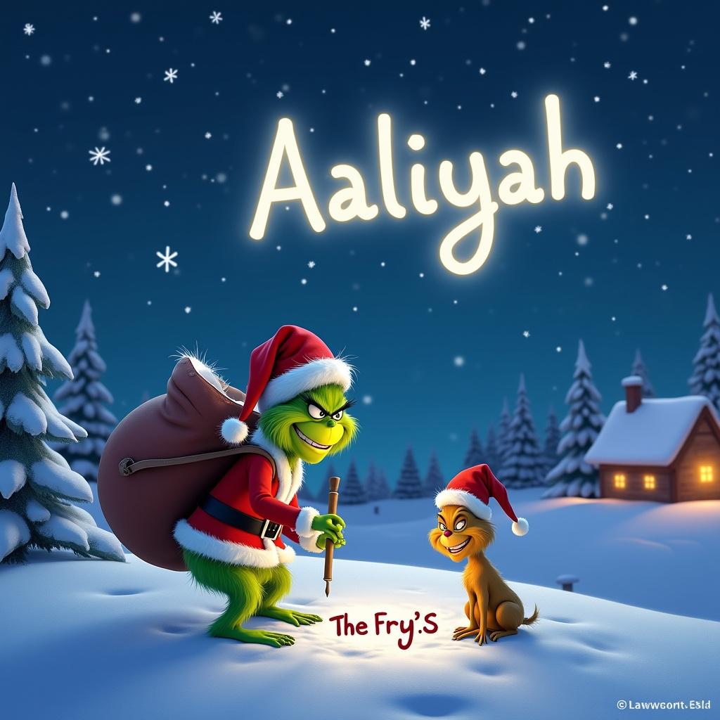 A Grinch character in a snowy landscape embodies Christmas joy. Dressed in red suit with white trim, he writes 'Aaliyah' in the night sky. His dog Max stands beside him, both filled with happiness. The backdrop features a starry sky and gently falling snowflakes. Pine trees enhance the winter wonderland feel.