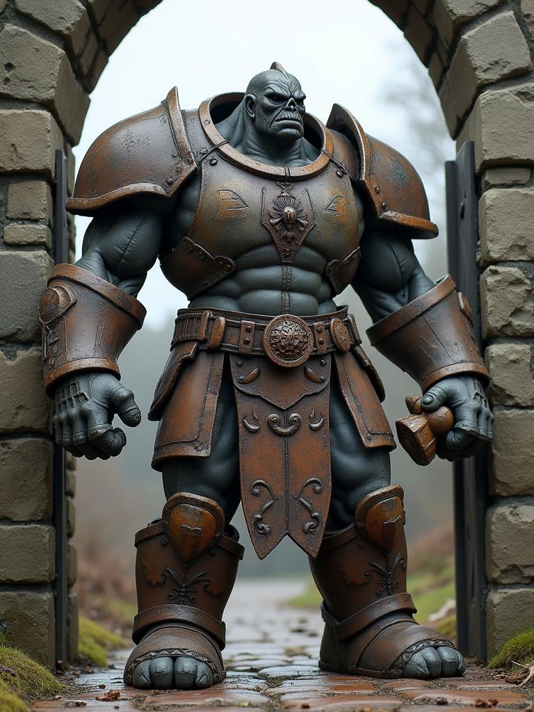 Massive toy figure wearing battered rusty armor standing guard at the castle gates. Skin is tough as stone. Wields a giant iron hammer.