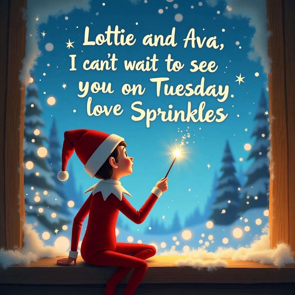 The image features an adorable elf on the shelf with its back turned to the viewer. The elf, dressed in bright red and white, faces a starry night sky while waving a wand. In the sky, the elf magically writes a warm message to two children, Lottie and Ava, inviting them to look forward to an upcoming Tuesday. Snowflakes gently fall in the background, complemented by a wintry landscape adorned with evergreen trees and twinkling lights. The entire scene evokes the spirit of Christmas and childlike wonder, making it perfect for holiday greetings.