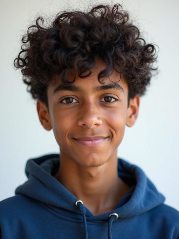 15-year-old boy with curly hair styled in a trendy, messy look. He wears a dark blue hoodie. The background is a crisp white that highlights his facial features. He has high cheekbones, a small nose, and noisette eyes. The boy has a youthful aura and a smile.