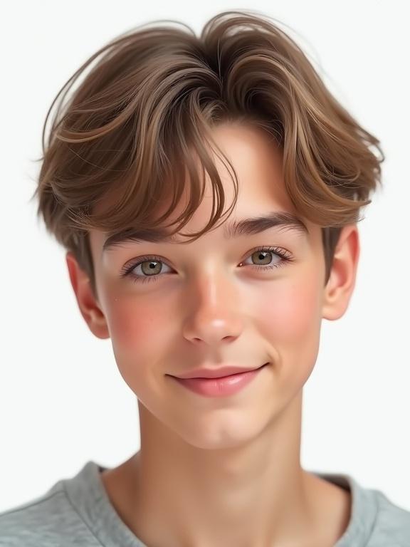 High resolution portrait of a young male face. Friendly with gentle features, visible eyebrows, almond eyes, small nose. Subtle smile, medium-length ombré hair. Simple white background focusing on face with warm expression. Depth and texture shading, soft representation.