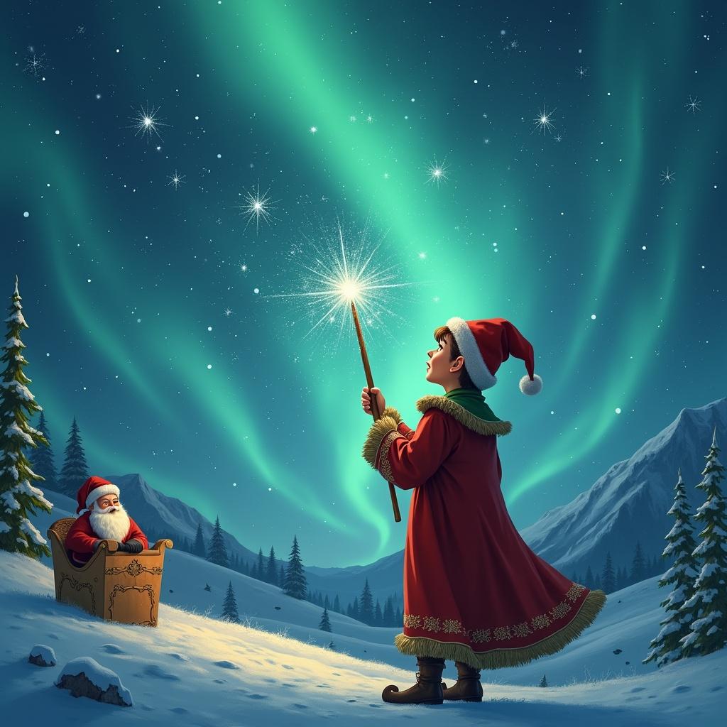 Elf facing a magical sky with a wand in hand. Writing names in the air. Background features northern lights and Santa. Names being written are Kanon.