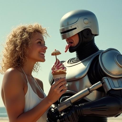 Robocop and Officer Lewis interact on a sunny day. Officer Lewis feeds ice cream to Robocop. Robocop shows a funny shocked happiness with tongue out. Bright colors and a humorous scene.