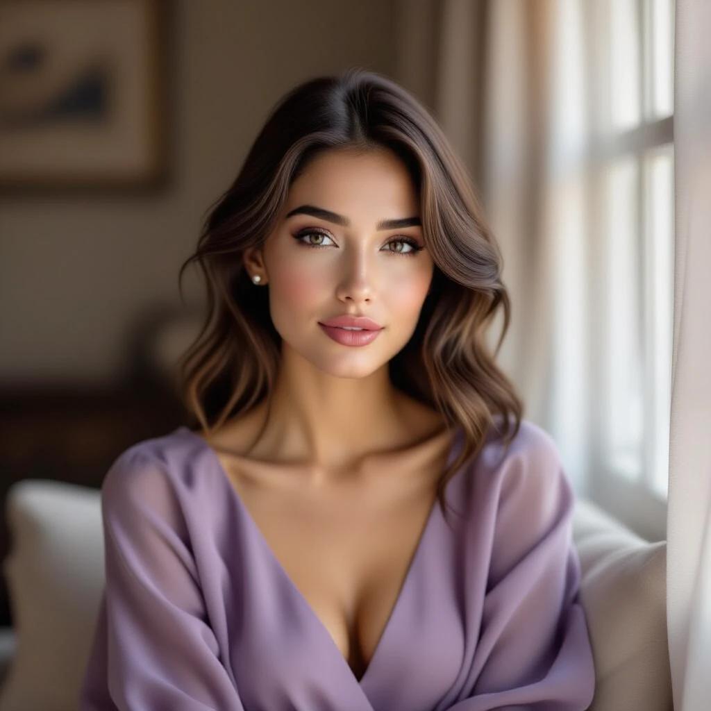 Portrait of a woman in a soft atmosphere. Background is blurred. Side lighting creates a warm and tranquil feeling. Woman wears a light purple sheer top. Hair is styled naturally. Background features a window and a blurry outdoor view.