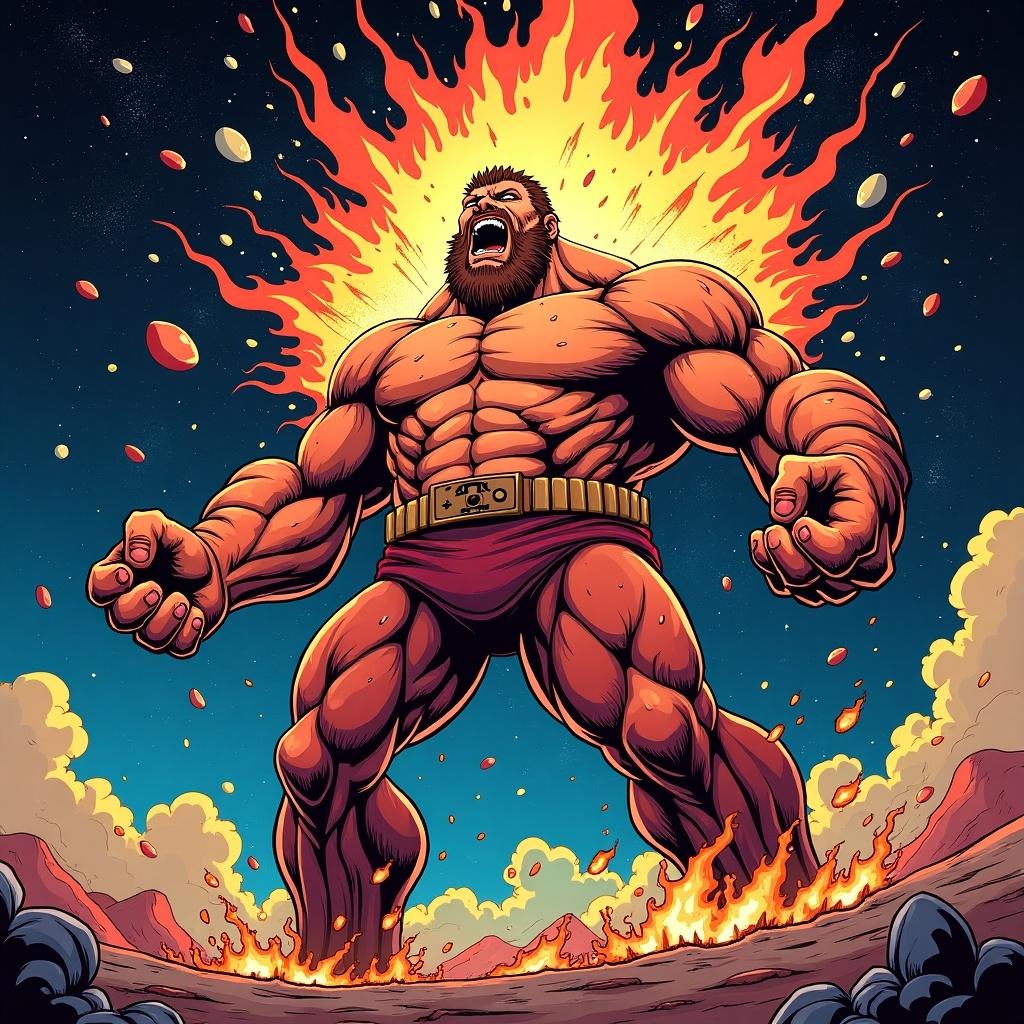 The image features a robust comic giant standing dominantly while seemingly destroying the universe around him. His muscles are well-defined and he appears fierce, shouting as flames and fiery explosions erupt behind him. The backdrop consists of a vibrant blue sky, contrasting with the fiery orange and red of the explosion. This dramatic scene is captured from a low-angle perspective to highlight his enormous size. The overall tone is energetic and action-packed, aimed at evoking excitement and awe in viewers.