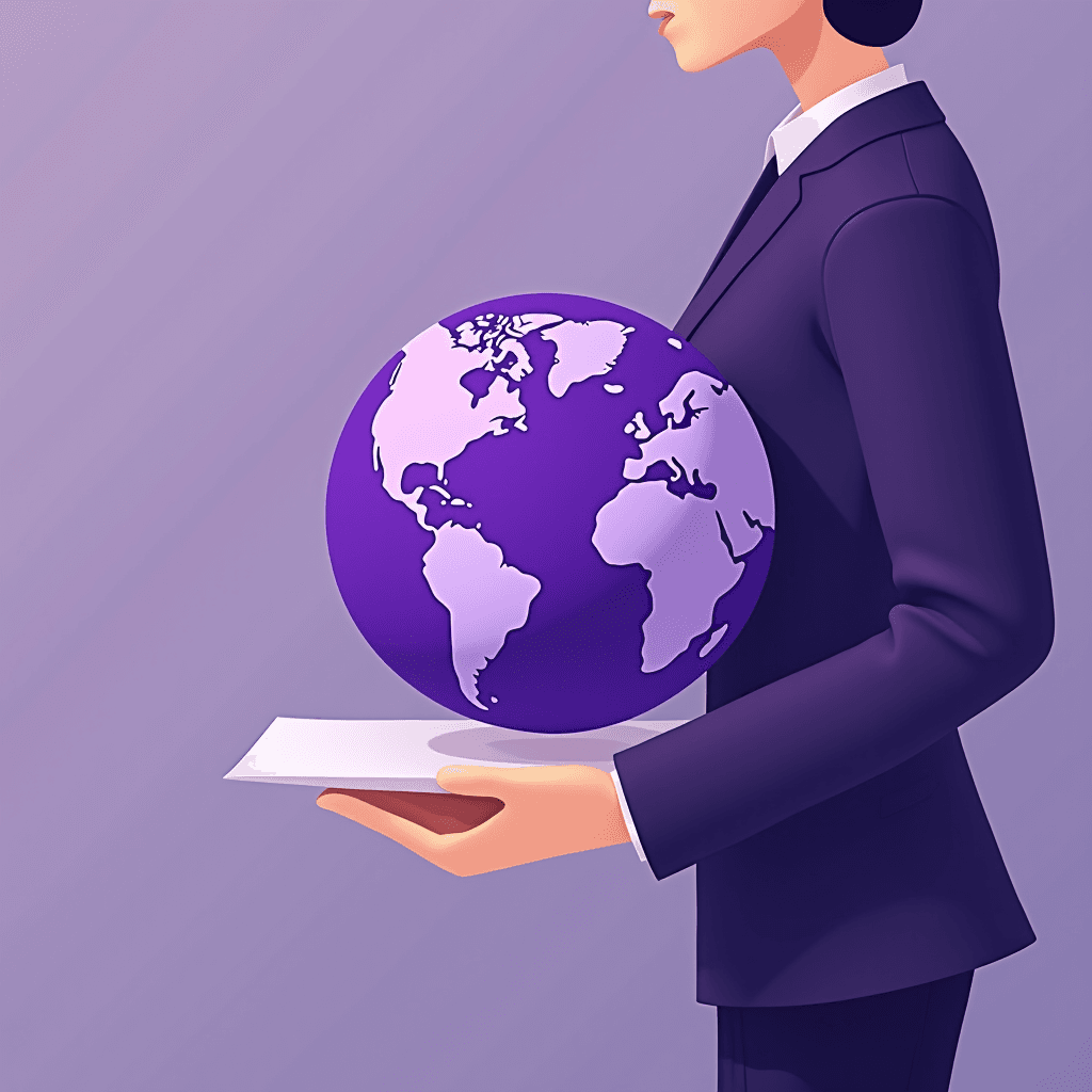 A person in a suit holds a purple globe.