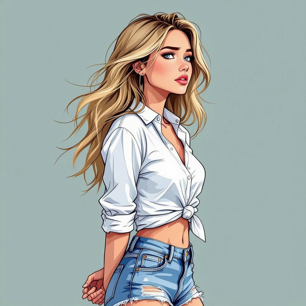 A woman stands in profile wearing a white shirt tied at the waist with denim shorts. Hair blows in the wind with a sad expression. Semi-realistic comic style with bold lines.
