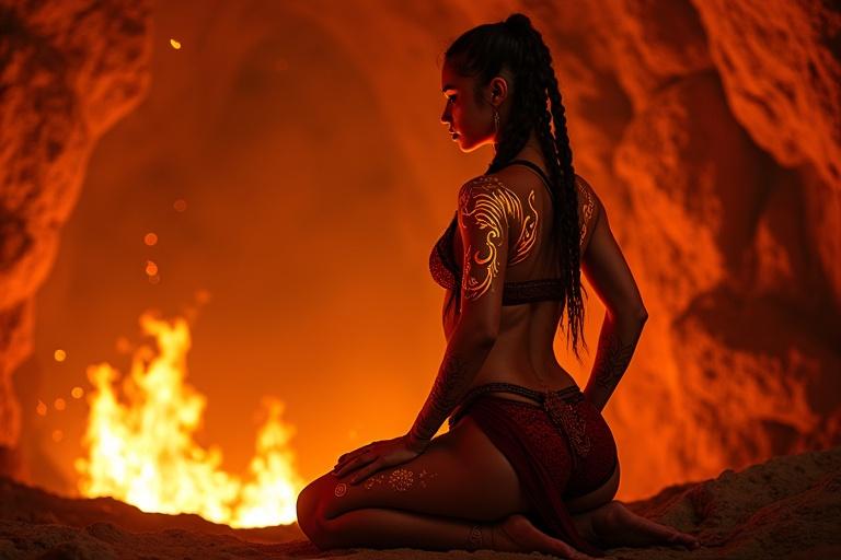 Within a glowing lava cavern, a female figure kneels before a flame altar. Firelight dances across the cavern walls illuminating her tattoos as she communes with an ancestral spirit of fire. She has radiant red skin and glowing ember tattoos. Her body is athletic with a fitted crimson chest wrap and a flame-patterned loincloth. The camera captures a close-up from behind her shoulder, focusing on the fire altar and her illuminated silhouette.