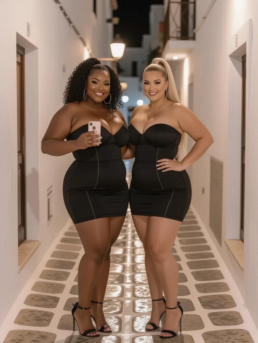 Two women with hourglass figures stand together. One has black curly hair. The other has straight blonde hair. Both wear black strapless dresses. They take a selfie with a phone. The scene is a narrow alley in Mykonos at night.