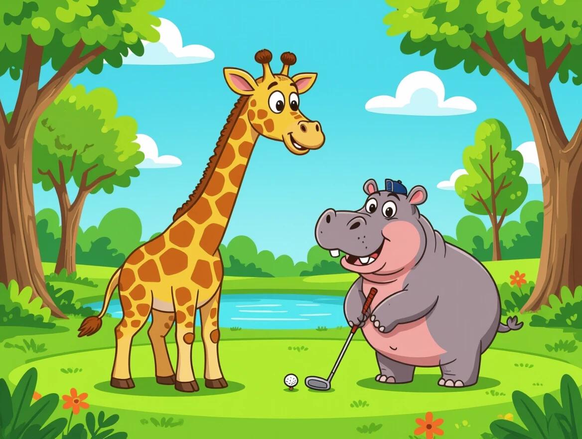 A cartoon giraffe happily interacts with a hippo friend in a green park. The giraffe has a friendly smile and the hippo is poised to hit a golf ball. A pond and trees create a vibrant background.