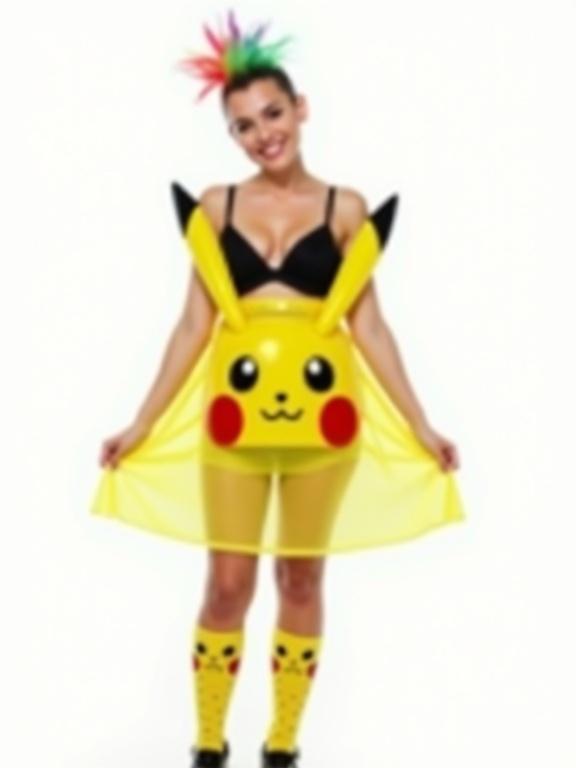 Photograph of a woman courtseying at eye-level wearing transparent yellow dress modeled after Pikachu. Black bra and panties visible. Short skirt with polka dots. Rainbow spiked mohawk hairstyle. Smiling at the camera. Holding sides of skirt. Knee-high socks with Pikachu faces. High-heeled shoes. Background is completely white. Even lighting with no shadows. Composition follows the rule of thirds with face and torso positioned at the upper third.